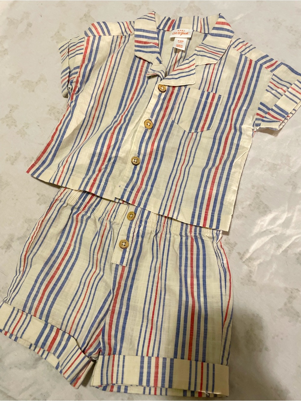 3/$30 never worn Kids Striped Short Pajama Set - Cream with Blue & Red Stripes